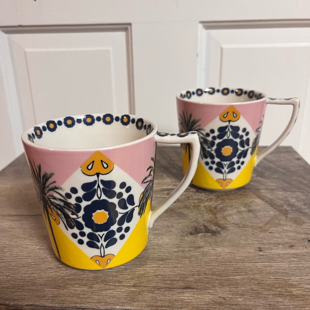 Anthropologie Storytiles Palm Floral Ceramic Coffee Mugs